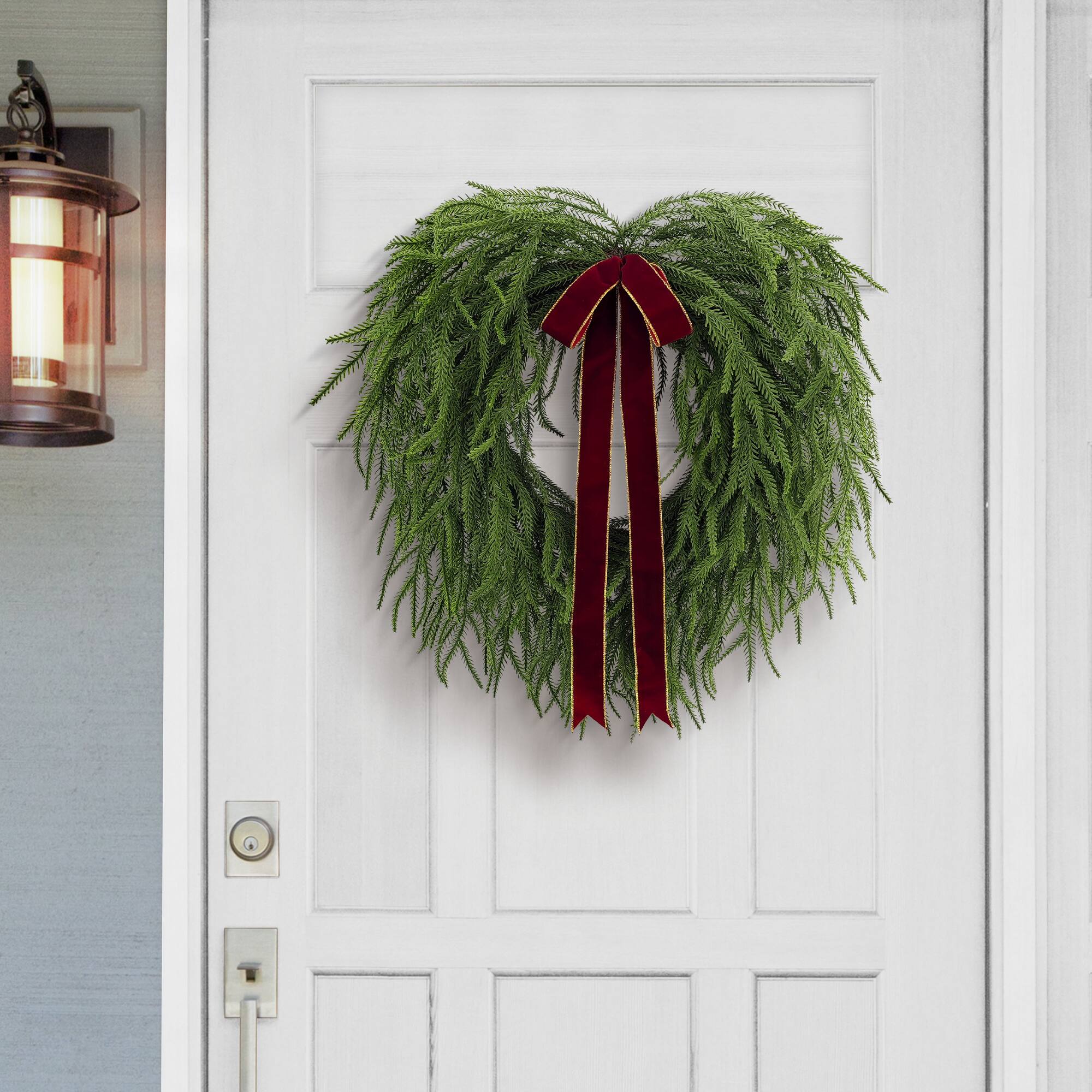 22" Green Artificial Norfolk Pine Christmas Wreath with Bow
